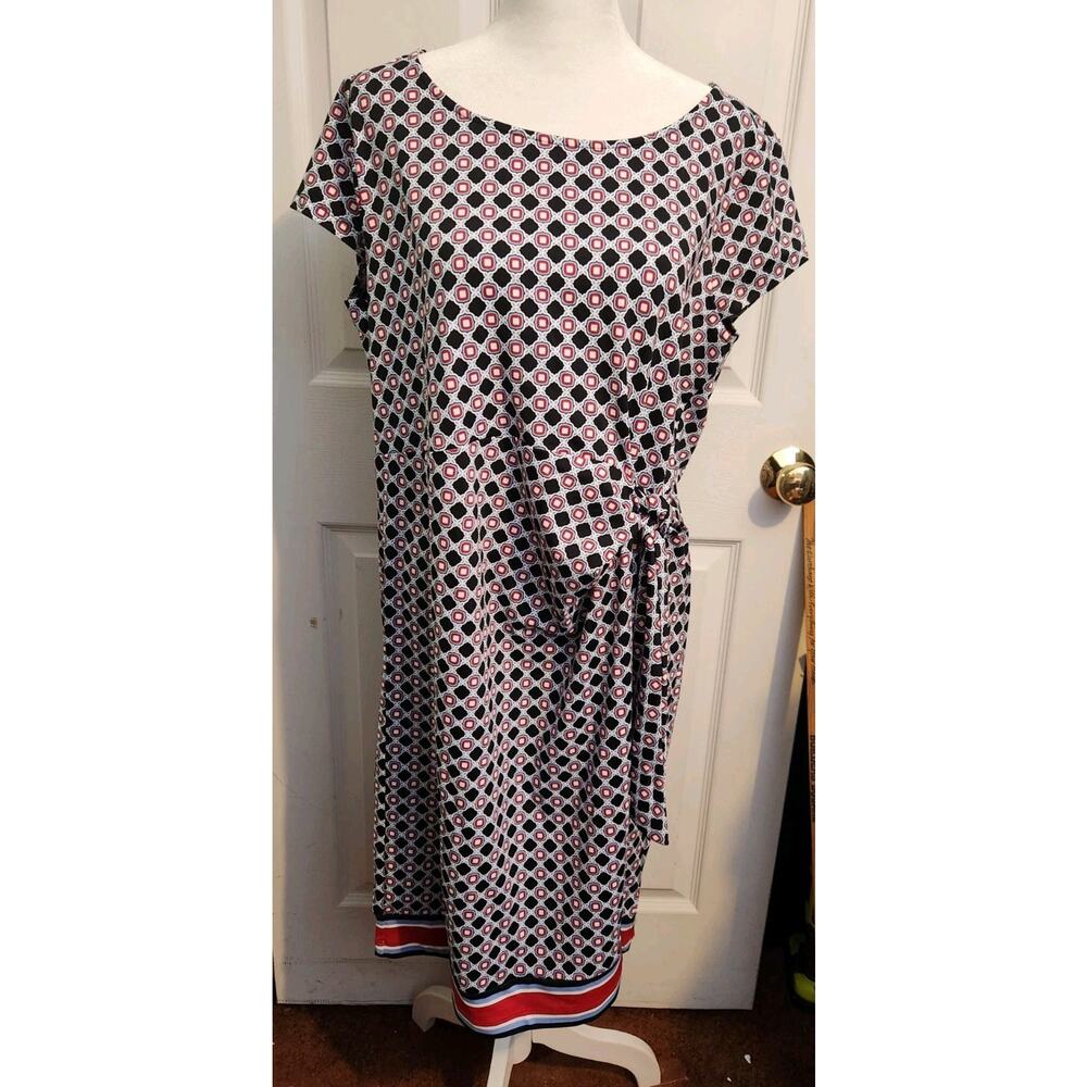 NWT Talbots Womens Faux Wrap Dress 1XP Abstract Print Midi Black‎ Blue Red White